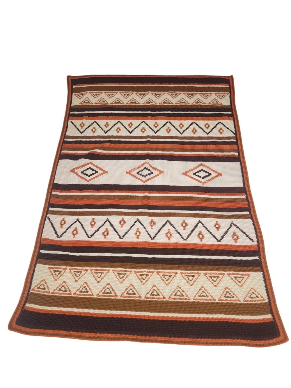 Vtg 70s Southwest Crochet Afghan Blanket Earth Tones Geo Diamond Throw 68x49